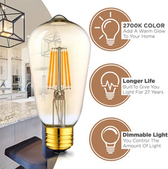 6 Pack Dimmable LED Edison Bulbs - 2700K with Amber Tint