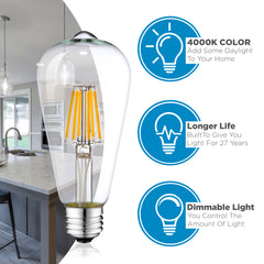 6 Pack Dimmable LED Edison Bulbs - 4000K Daylight White